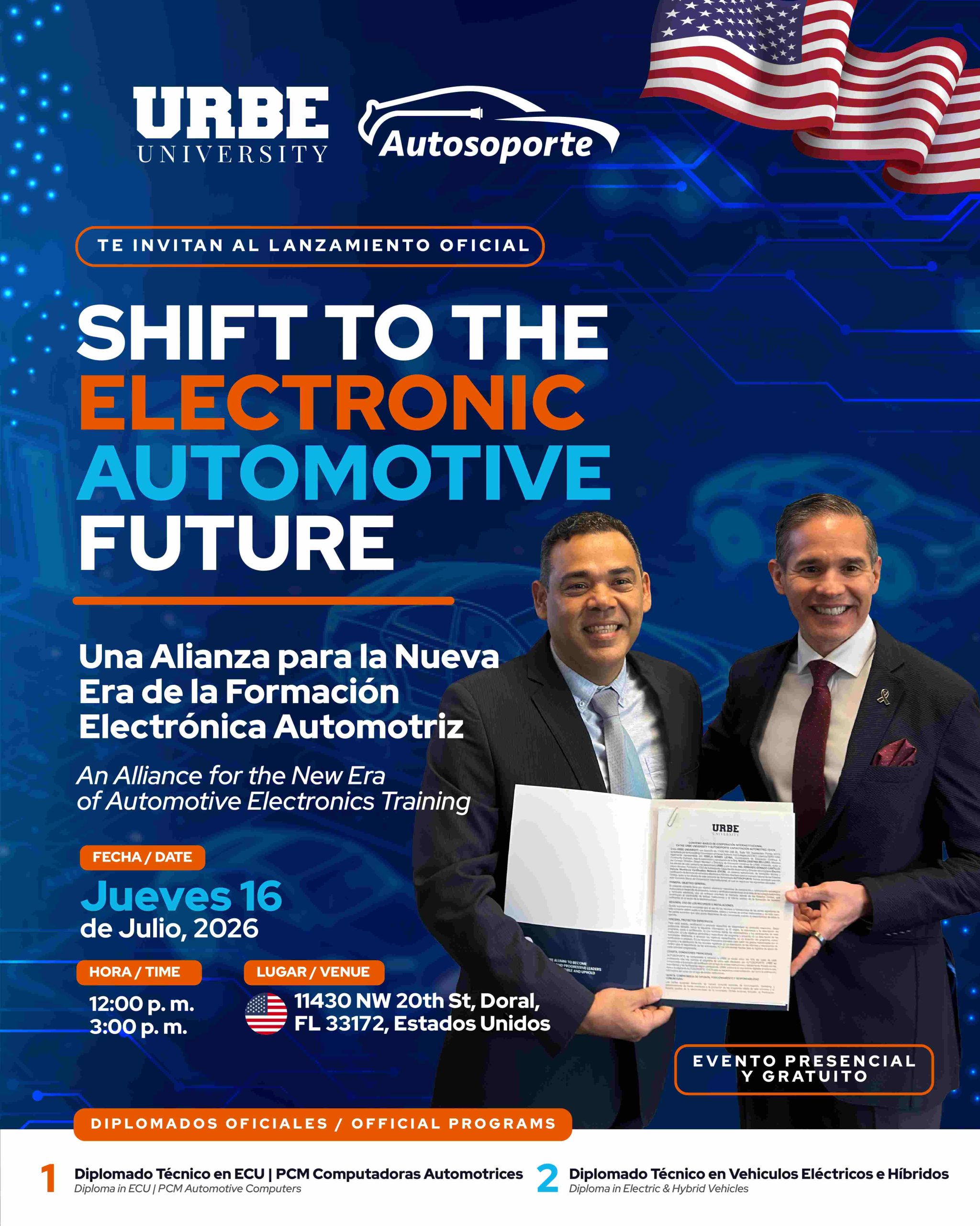 URBE University event poster announcing 'Shift to the Electronic Automotive Future' with two executives, US flag, date and venue details (in Spanish).